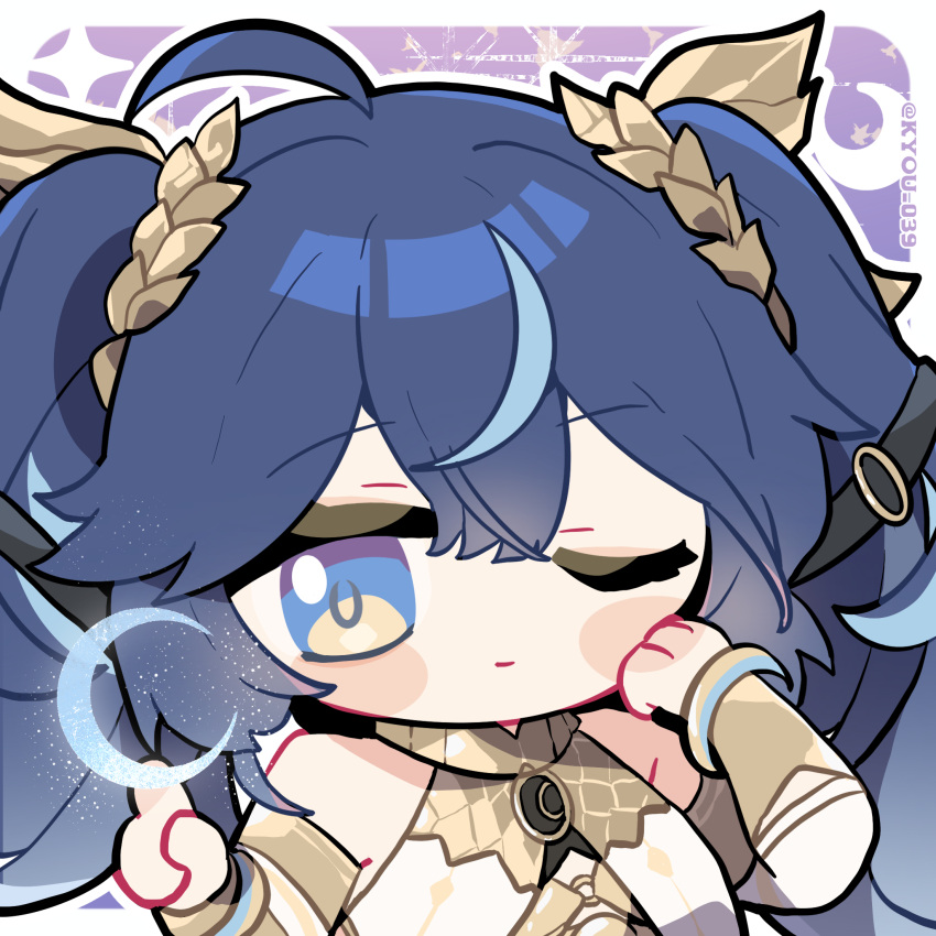 1girl, ahoge, armlet, bare_shoulders, blue_eyes, blue_hair, chibi, chibi_only