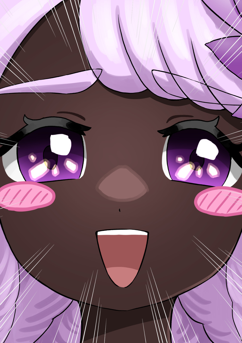 1girl, :d, absurdres, blush, blush_stickers, close-up, commentary, dark-skinned_female, dark_skin, emphasis_lines, eyelashes, highres, jacinthe_(pokemon), nemaki_(nemaki87456), open_mouth, pokemon, pokemon_legends:_z-a, purple_hair, smile, solo, symbol-only_commentary, teeth, upper_teeth_only, very_dark_skin, violet_eyes