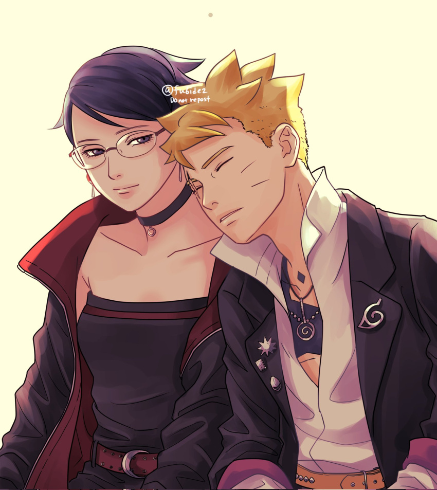 1boy, 1girl, belt, black_choker, black_eyes, black_hair, black_jacket, black_romper