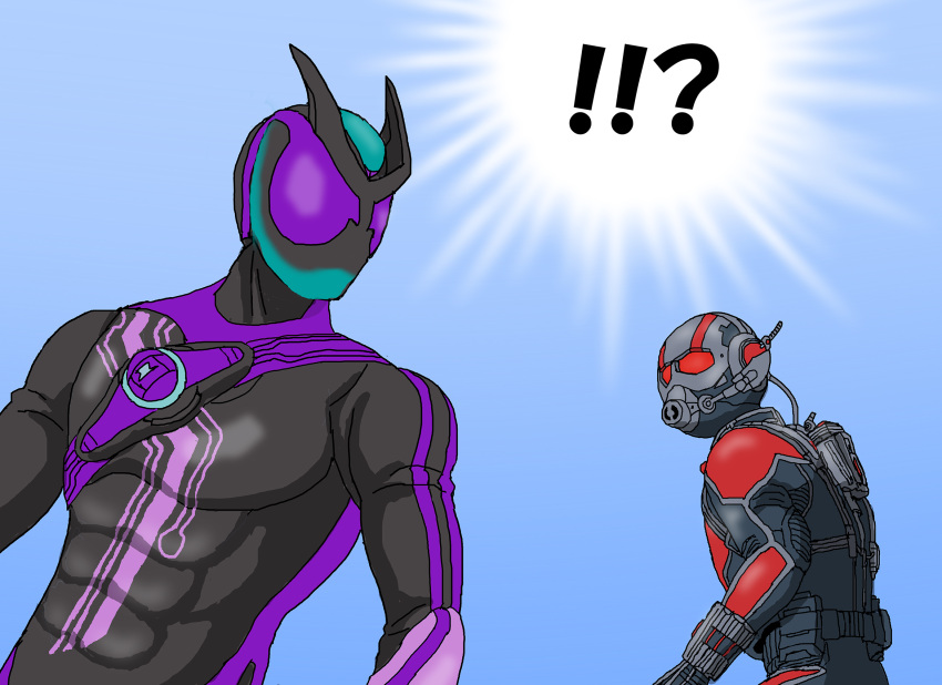 !?, 2boys, ant-man, ant-man_(movie), ant-man_(series), belt, bodysuit, commentary_request, compound_eyes, crossover, helmet, highres, kamen_rider, kamen_rider_zeztz, kamen_rider_zeztz_(series), kamen_rider_zeztz_paradigm_wonder, looking_at_another, male_focus, marvel, multiple_boys, power_connection, rider_belt, shideboo_(shideboh), superhero_costume, tokusatsu, upper_body, zeztz_driver