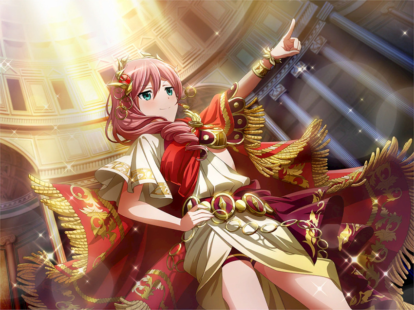 1girl, bracelet, building, cape, closed_mouth, cosplay, dutch_angle, game_cg