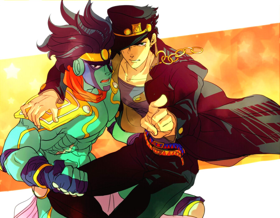 2boys, chain, chains, hotate, hotate_(suikaneko), jojo_no_kimyou_na_bouken, kujo_jotaro, kuujou_joutarou, multiple_boys, stand_(jojo), star_platinum