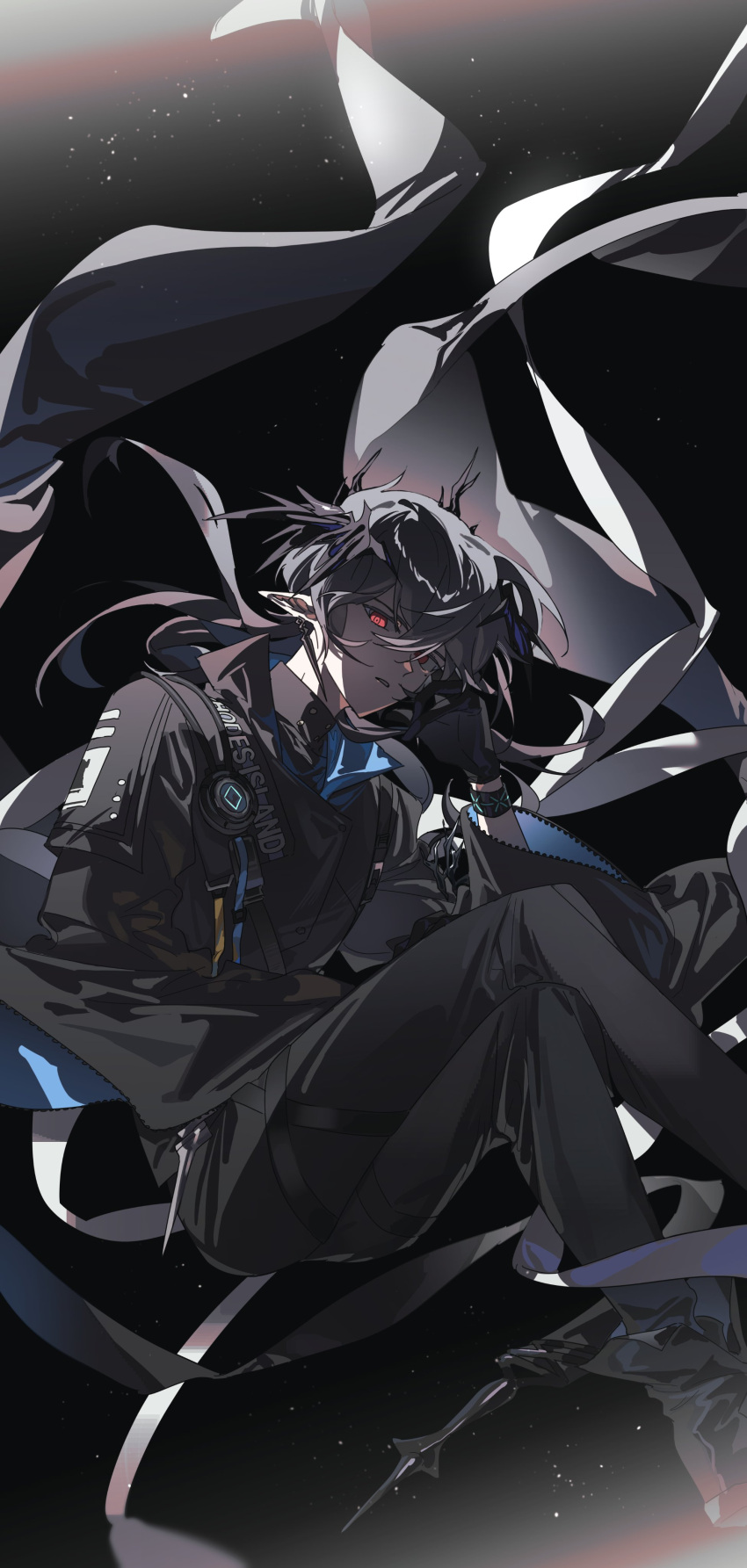 1boy, absurdres, arknights, backlighting, belt, black_background, black_belt, black_gloves, black_horns, black_jacket, black_pants, black_shirt, black_shoes, chjjlold, crossed_legs, earrings, feet_out_of_frame, floating_clothes, gloves, grey_hair, hair_between_eyes, hand_on_own_face, head_wings, highres, horns, infection_monitor_(arknights), invisible_chair, jacket, jewelry, light_particles, logos_(arknights), long_sleeves, looking_at_viewer, male_focus, medium_hair, mole, mole_under_eye, pants, parted_lips, pointy_ears, red_eyes, ribbon, shirt, shoes, sideways_glance, simple_background, sitting, solo, thigh_strap, turtleneck, turtleneck_shirt, two-sided_sleeves, white_ribbon, wide_sleeves, wings, zipper