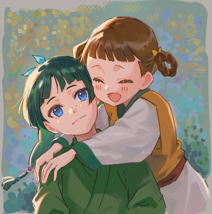 2girls, arms_around_neck, beads, blue_eyes, blue_ribbon, blunt_bangs, braid, braided_hair_rings, brown_hair, chinese_clothes, closed_eyes, freckles, green_shirt, hair_beads, hair_ornament, hair_ribbon, hair_rings, highres, kudake9876, kusuriya_no_hitorigoto, light_blush, maomao_(kusuriya_no_hitorigoto), multiple_girls, open_mouth, ribbon, shirt, smile, upper_body, xiaolan_(kusuriya_no_hitorigoto)