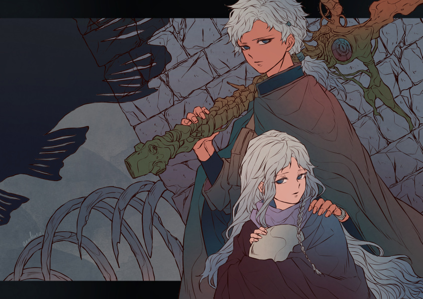 1boy, 1girl, absurdres, beads, boy_(tenshi_no_tamago), braid, cloak, commentary_request