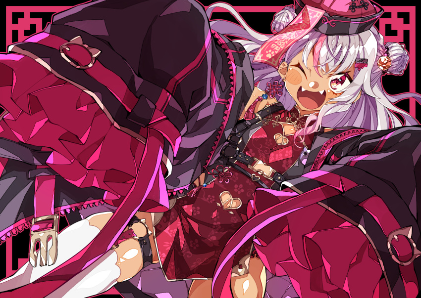 1girl, black_sleeves, blush_stickers, clothing_cutout, commentary_request, detached_sleeves, double_bun, frilled_sleeves, frills, grey_hair, hair_bun, haseko123, heart_cutout, highres, japanese_clothes, kimono, looking_at_viewer, matsukai_mao, matsukai_mao_(3rd_costume), nijisanji, o-ring, o-ring_thigh_strap, official_alternate_costume, one_eye_closed, pink_streaks, red_eyes, red_kimono, sleeves_past_fingers, sleeves_past_wrists, smile, solo, thigh_strap, virtual_youtuber