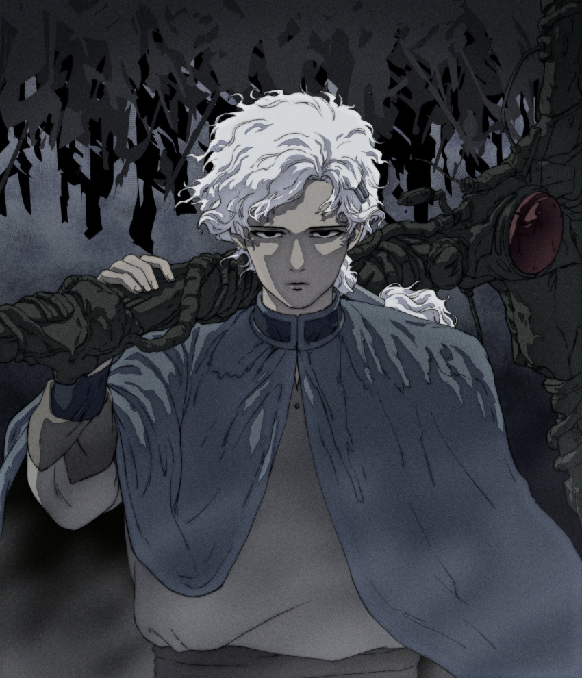 1boy, absurdres, black_eyes, blue_cloak, boy_(tenshi_no_tamago), cloak, commentary_request, expressionless