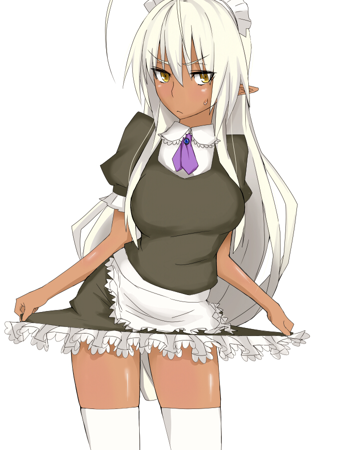 blush, dark_elf, dark_skin, elf, kurobuta_(iina), long_hair, maid, maid_headdress