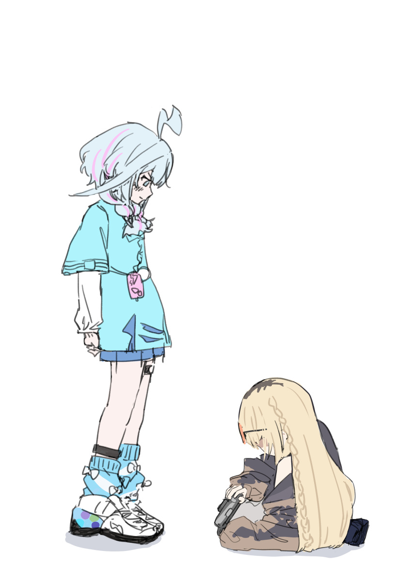 1nose_yuuka, 2girls, absurdres, ahoge, blonde_hair, blue_eyes, blue_hair, blue_shirt, braid, from_side, highres, hololive, hololive_dev_is, koganei_niko, koganei_niko_(1st_costume), lightning_ahoge, long_hair, long_sleeves, looking_down, low_twin_braids, medium_hair, mizumiya_su, mizumiya_su_(1st_costume), multiple_girls, no_jacket, on_floor, shirt, simple_background, standing, taking_picture, twin_braids, virtual_youtuber, white_background, white_sleeves