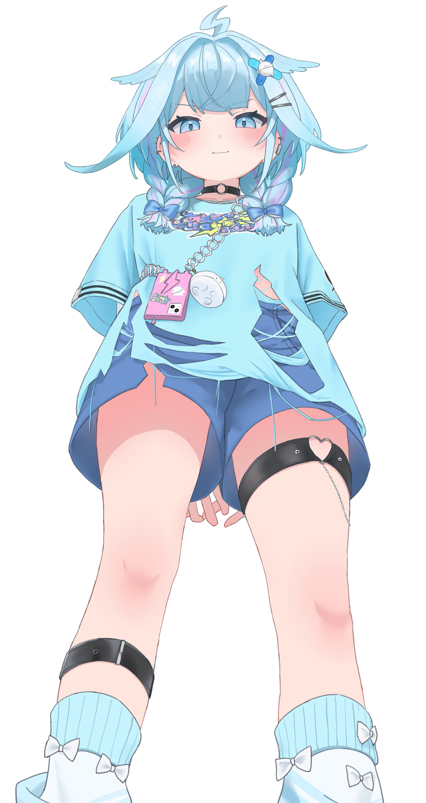 1girl, 1nose_yuuka, absurdres, ahoge, ankle_belt, black_choker, blue_eyes, blue_hair, blue_shirt, braid, check_commentary, choker, commentary_request, feet_out_of_frame, from_below, hair_flaps, hair_ornament, heart, heart_o-ring, highres, hololive, hololive_dev_is, lightning_ahoge, looking_at_viewer, looking_down, low_twin_braids, mizumiya_su, mizumiya_su_(1st_costume), multicolored_hair, no_jacket, o-ring, o-ring_choker, pink_hair, print_shirt, shirt, shorts, simple_background, smug, socks, solo, streaked_hair, thigh_strap, torn_clothes, torn_shirt, twin_braids, virtual_youtuber, white_background, white_socks