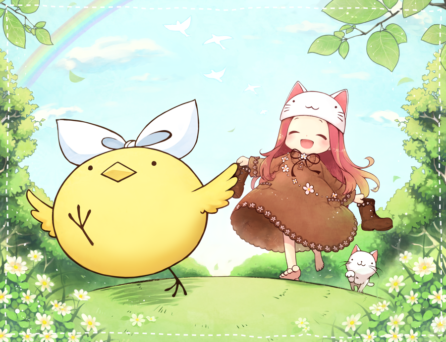 animalization, barefoot, bird, brown_dress, cat, cat_hat, chick, child, closed_eyes, daisy, dress, eyes_closed, flower, hat, kagamine_rin, megurine_luka, megurine_luka_(toeto), nim, open_mouth, pink_hair, rainbow, smile, soratobazu_(vocaloid), toeto_(vocaloid), vocaloid