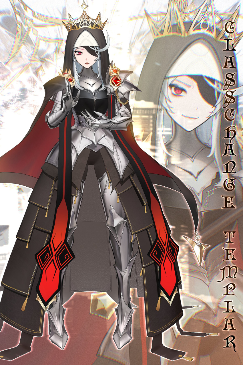 1girl, absurdres, armor, black_cape, black_dress, cape, commentary, crown