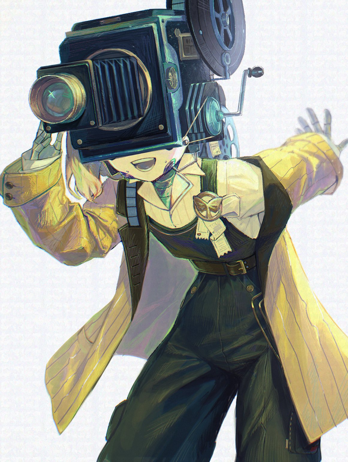 1girl, belt, blonde_hair, crank, film_reel, film_strip, glint, green_overalls, highres, jacket, loggerhead_(reverse:1999), metal_skin, movie_camera, object_head, open_mouth, outstretched_arm, overalls, reverse:1999, smile, solo, white_background, xjsbca, yellow_jacket