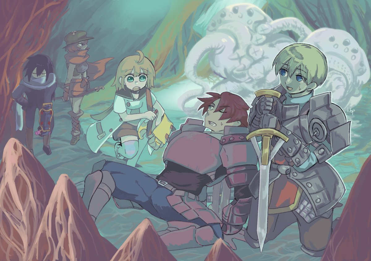 1other, 2girls, 3boys, ahoge, alchemist_(sekaiju), alchemist_1_(sekaiju), armor, bag