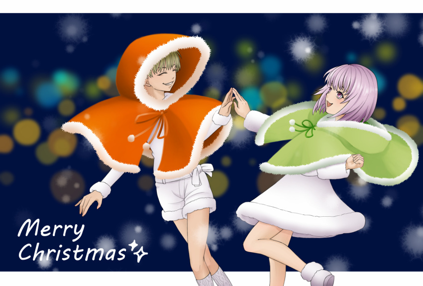 2girls, alternate_costume, blonde_hair, capelet, christmas, closed_eyes, commentary_request, dress