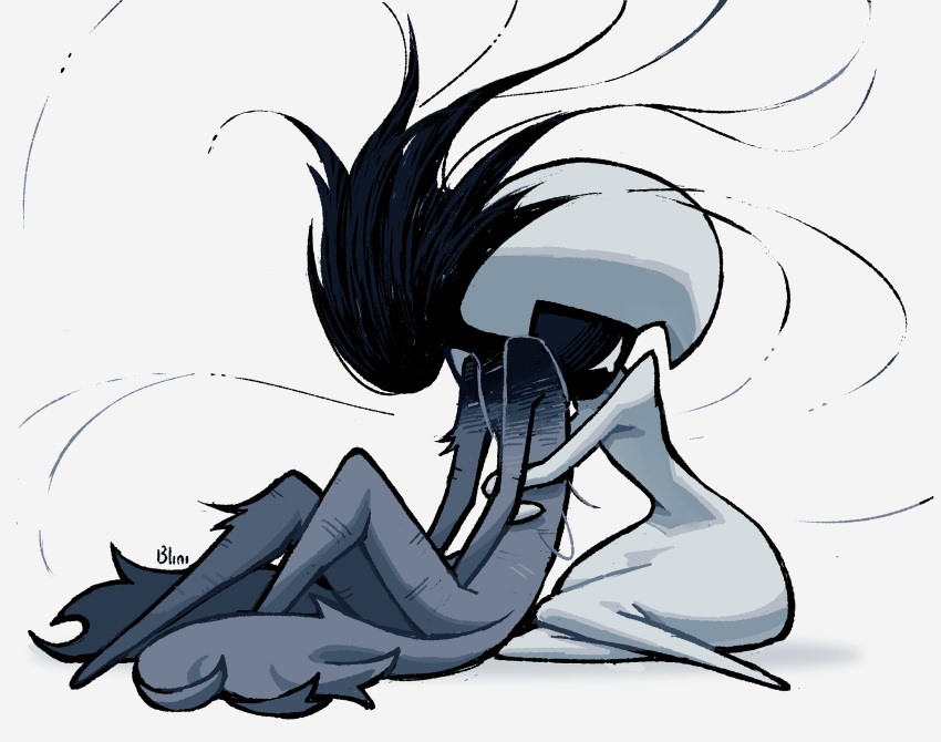 1girl, 1other, artist_name, black_hair, black_skin, blank_eyes, blinibunny, bodysuit