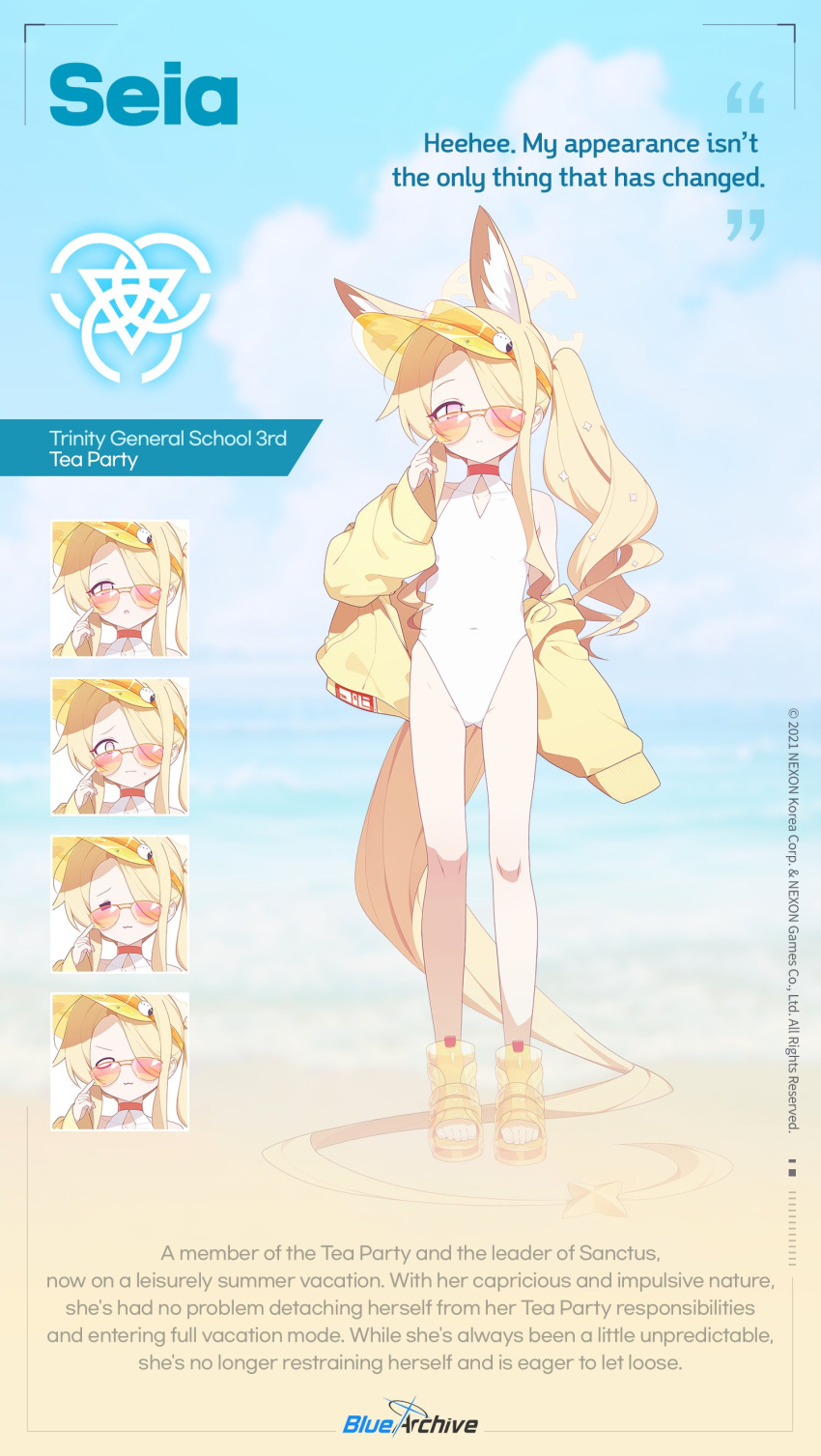 1girl, :3, =_=, above-cleavage_cutout, absurdres, adjusting_eyewear, animal_ear_fluff, animal_ears, bare_legs, bare_shoulders, beach, blonde_hair, blue_archive, closed_mouth, clothing_cutout, covered_navel, english_text, extra_ears, flat_chest, fox_ears, fox_girl, fox_tail, full_body, hair_over_one_eye, highleg, highleg_one-piece_swimsuit, highres, hip_bones, jacket, kokosando, long_hair, looking_at_viewer, multiple_expressions, narrow_hips, ocean, official_alternate_costume, official_alternate_hairstyle, official_art, one-piece_swimsuit, open_mouth, orange-tinted_eyewear, palm_tree, pink_background, sandals, seia_(blue_archive), seia_(swimsuit)_(blue_archive), side_ponytail, skinny, smile, solo, sunset, sweat, swimsuit, tail, tinted_eyewear, toes, tree, turtleneck, turtleneck_one-piece_swimsuit, visor_cap, white_one-piece_swimsuit, yellow_jacket, yellow_sandals