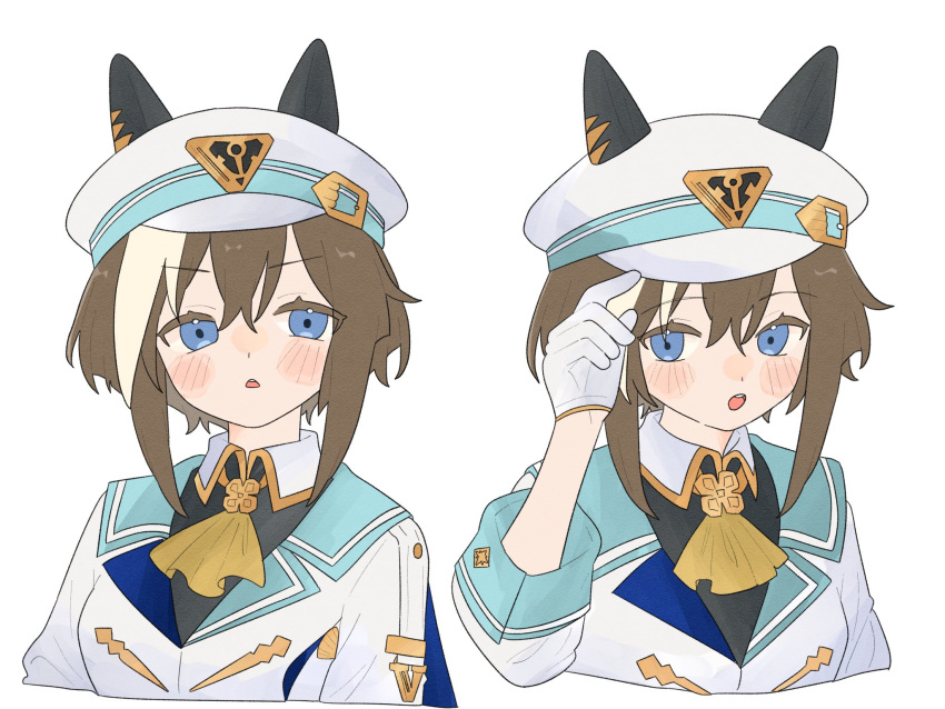 1girl, animal_ears, blue_eyes, blush, breasts, brown_hair, cheval_grand_(grand_itineraire)_(umamusume), cheval_grand_(umamusume)