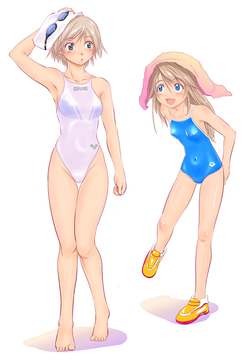 arena_(company), blue_eyes, brown_hair, competition_swimsuit, goggles, green_eyes, long_hair, multiple_girls