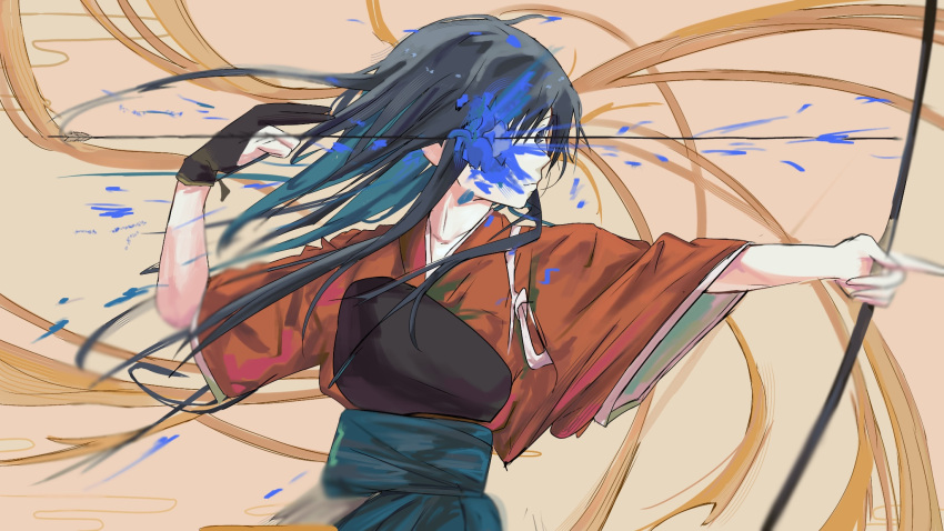 1girl, ado_(utaite), archery, archery_shooting_glove, arrow_(projectile), black_eyes, black_hair, blue_flower