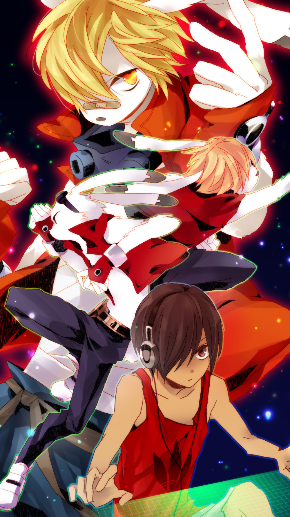 blonde_hair, brown_eyes, brown_hair, bunny_ears, goggles, goggles_on_head, hair_over_one_eye, highres