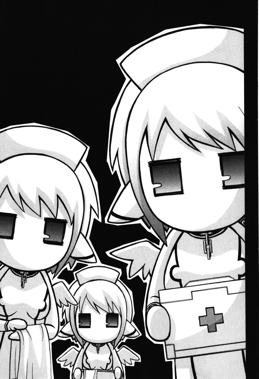 3girls, angel_wings, black_background, breasts, broken, broken_chain, chain, chibi