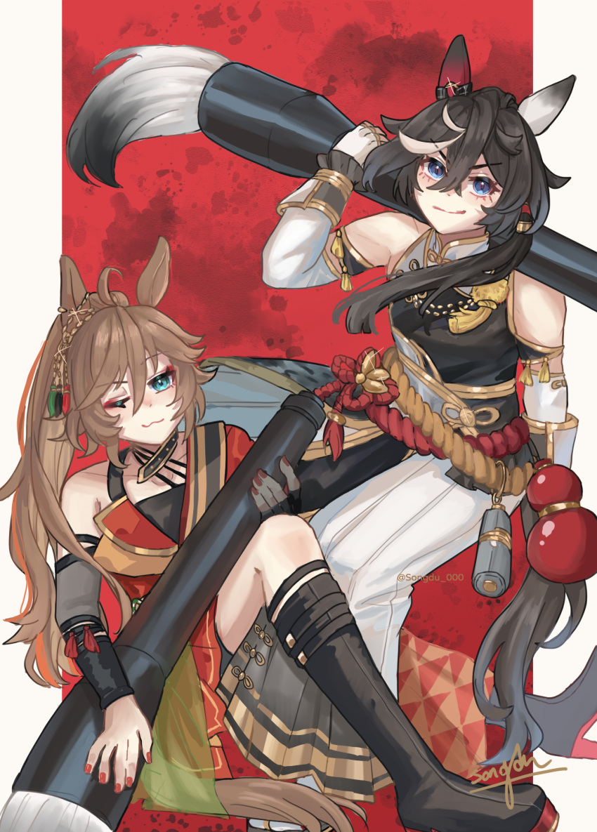2girls, ahoge, animal_ears, bare_shoulders, black_boots, black_hair, blue_eyes, blush