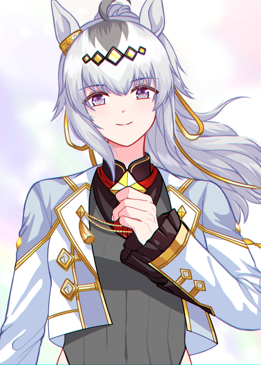 1girl, absurdres, ahoge, animal_ears, bbreaad, blue_eyes, blush, breasts, brooch, closed_mouth, cropped_jacket, grey_hair, grey_leotard, hair_between_eyes, hair_ornament, hair_ribbon, hairband, highres, horse_ears, horse_girl, jacket, jewelry, leotard, long_hair, long_sleeves, looking_at_viewer, neckerchief, official_alternate_costume, oguri_cap_(cinderella_gray)_(umamusume), oguri_cap_(umamusume), ponytail, red_neckerchief, ribbon, smile, solo, star_brooch, umamusume, umamusume:_cinderella_gray, upper_body, white_jacket