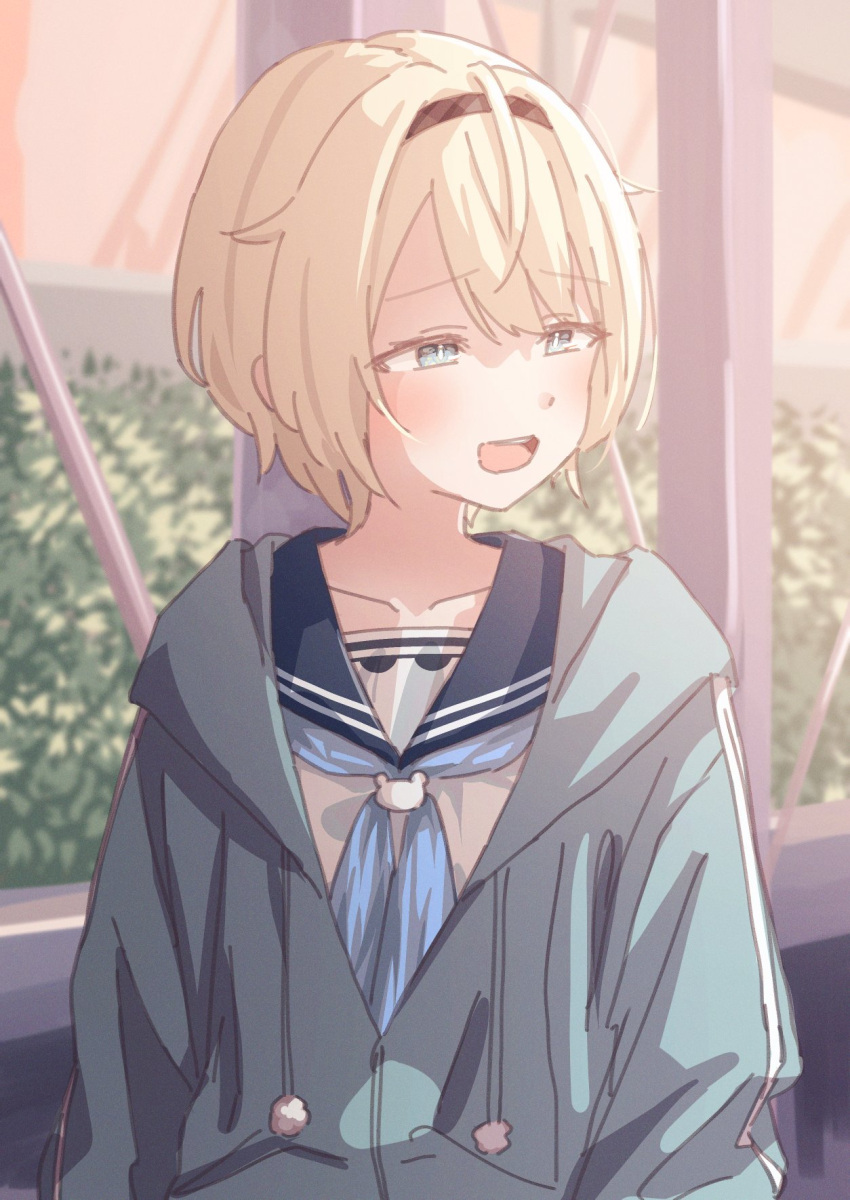 1girl, 1nose_yuuka, aqua_jacket, aqua_neckerchief, blonde_hair, bloom, blue_sailor_collar, collarbone