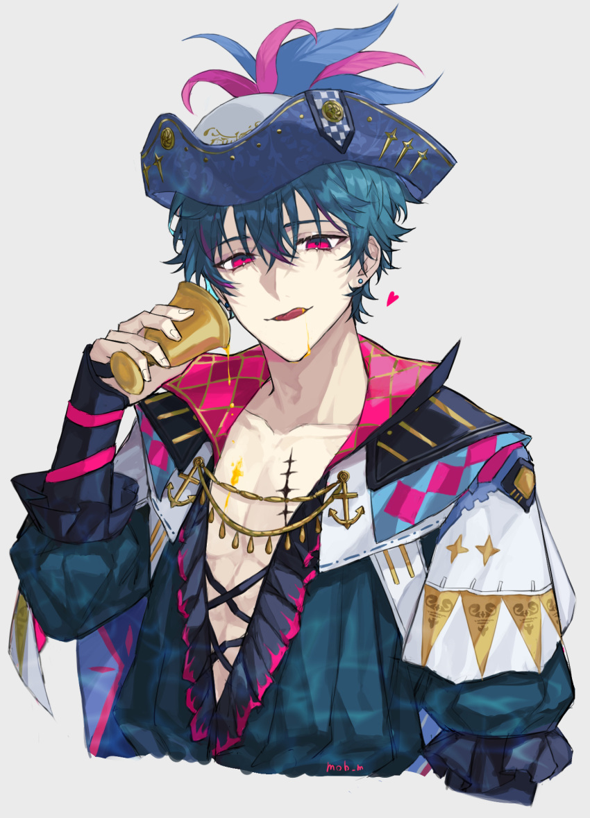 1boy, anchor_ornament, argyle_clothes, arm_ribbon, artist_name, blue_cape, blue_hair, blue_hat, blue_shirt, blush, brant_(wuthering_waves), cape, collarbone, commentary_request, cup, earrings, emblem, fingernails, frills, hair_between_eyes, half-closed_eyes, hand_up, hat, hat_feather, hat_ornament, heart, highres, holding, holding_cup, jewelry, long_sleeves, looking_at_viewer, male_focus, open_mouth, pink_eyes, pink_shirt, pino_hu_mgmg, pirate_hat, puffy_long_sleeves, puffy_sleeves, ribbon, shirt, short_hair, simple_background, smile, solo, star_(symbol), star_print, tongue, tongue_out, two-sided_cape, two-sided_fabric, two-sided_headwear, two-sided_shirt, upper_body, white_background, white_cape, white_hat, wuthering_waves