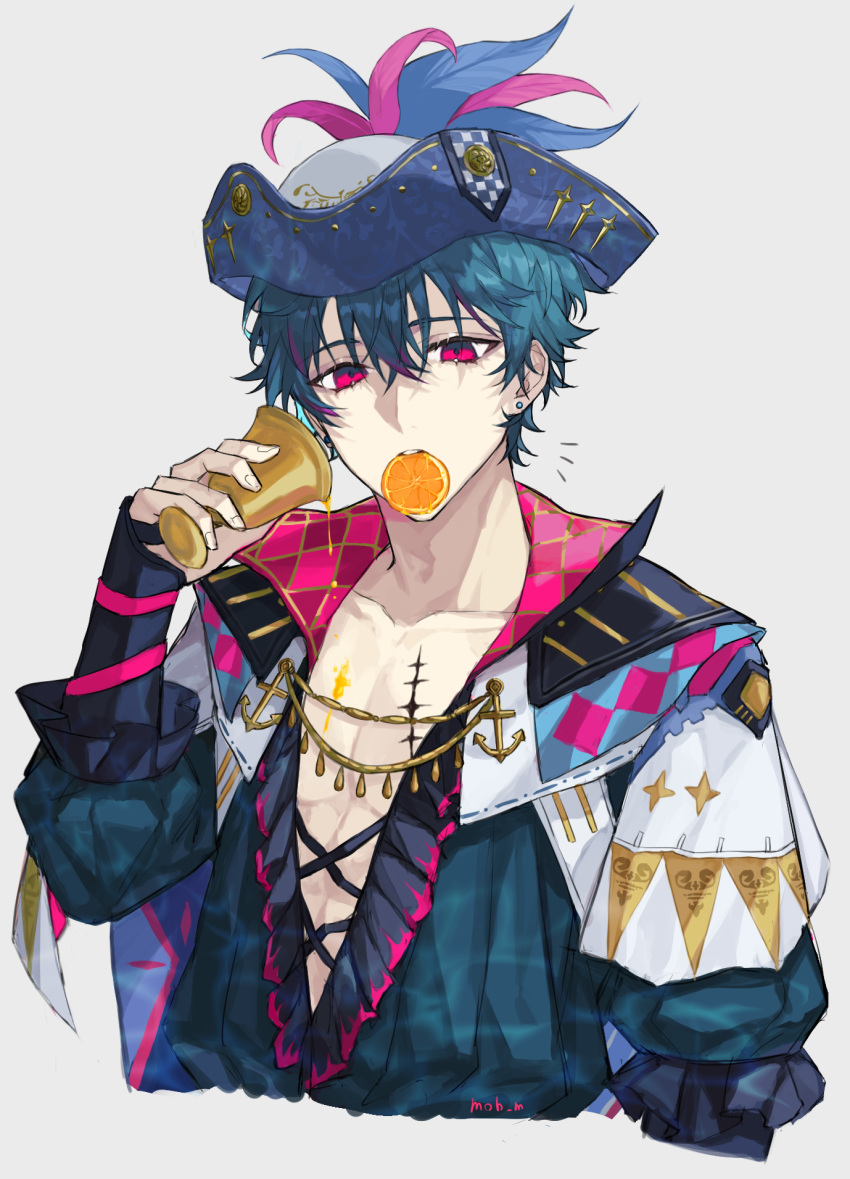 1boy, anchor_ornament, argyle_clothes, arm_ribbon, artist_name, blue_cape, blue_hair, blue_hat, blue_shirt, blush, brant_(wuthering_waves), cape, collarbone, commentary_request, cup, earrings, emblem, fingernails, food, food_in_mouth, frills, fruit, hair_between_eyes, half-closed_eyes, hand_up, hat, hat_feather, hat_ornament, highres, holding, holding_cup, jewelry, long_sleeves, looking_at_viewer, male_focus, notice_lines, open_mouth, orange_(fruit), orange_slice, pink_eyes, pink_shirt, pino_hu_mgmg, pirate_hat, puffy_long_sleeves, puffy_sleeves, ribbon, shirt, short_hair, simple_background, solo, star_(symbol), star_print, teeth, two-sided_cape, two-sided_fabric, two-sided_headwear, two-sided_shirt, upper_body, white_background, white_cape, white_hat, wuthering_waves