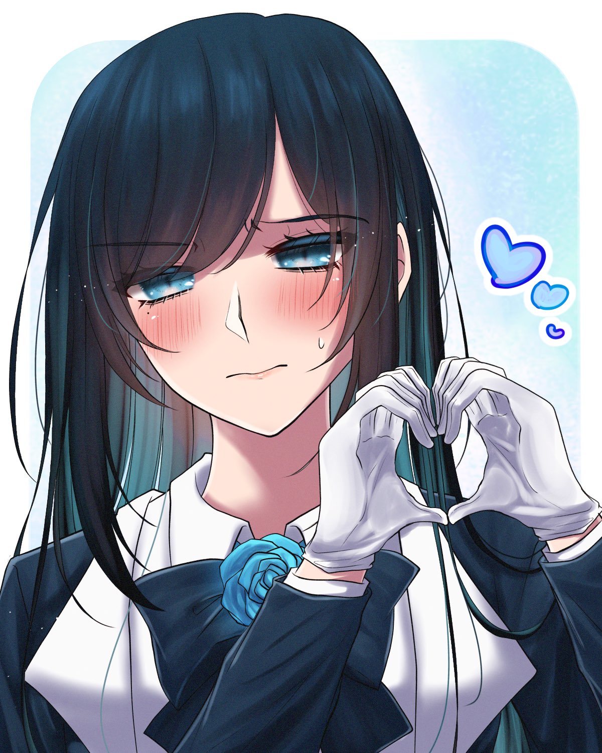 1girl, ado_(utaite), black_bow, black_bowtie, black_hair, blue_eyes, blue_hair, blush