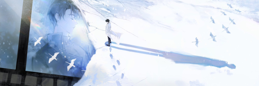 2boys, asaki_an, bird, black_coat, black_hair, character_request, closed_eyes, coat