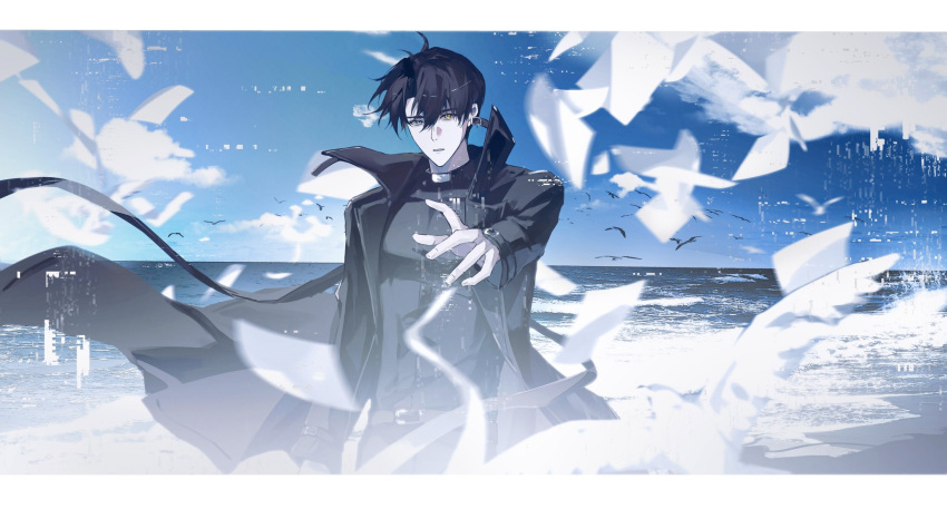 1boy, asaki_an, bird, black_coat, black_hair, bloom, coat, head_tilt