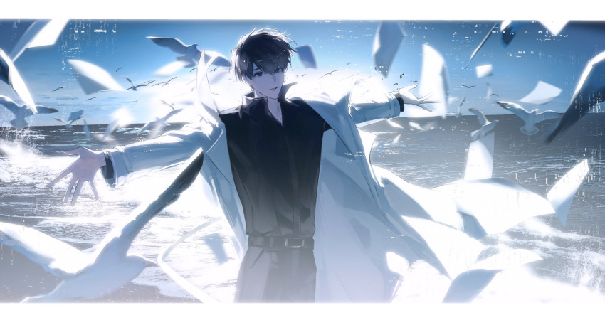 1boy, asaki_an, belt, bird, black_hair, black_shirt, bloom, coat