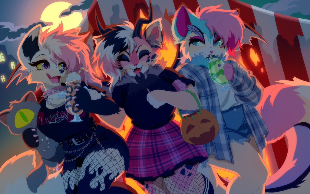 3girls, animal_ears, belt, black_belt, black_hair, black_shirt, black_shorts, blue_eyes