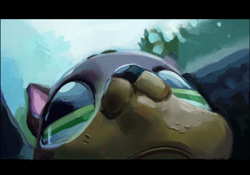 animal, animal_focus, art_study, black_border, border, color_study, commentary, dog, english_commentary, green_eyes, highres, littlest_pet_shop, looking_up, lps_shepherd_2137, no_humans, object_focus, outdoors, painterly, photo-referenced, realistic, starpaw0007, toy