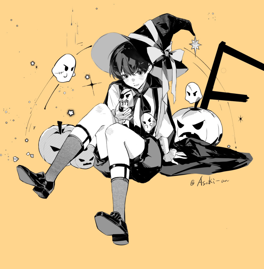 1boy, :d, asaki_an, baggy_shorts, black_hair, cape, full_body, ghost, greyscale_with_colored_background, hashtag-only_commentary, hat, highres, kim_dokja, knees_up, looking_at_viewer, male_focus, neck_ribbon, oldest_dream, omniscient_reader's_viewpoint, pumpkin, ribbon, short_hair, shorts, sitting, smile, socks, solo, witch_hat, yoo_joonghyuk, yoo_joonghyuk_(999th_turn)