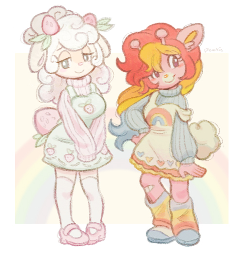 2girls, blue_shoes, blue_sweater, blush, commentary, doekis, dress, fairy_kei