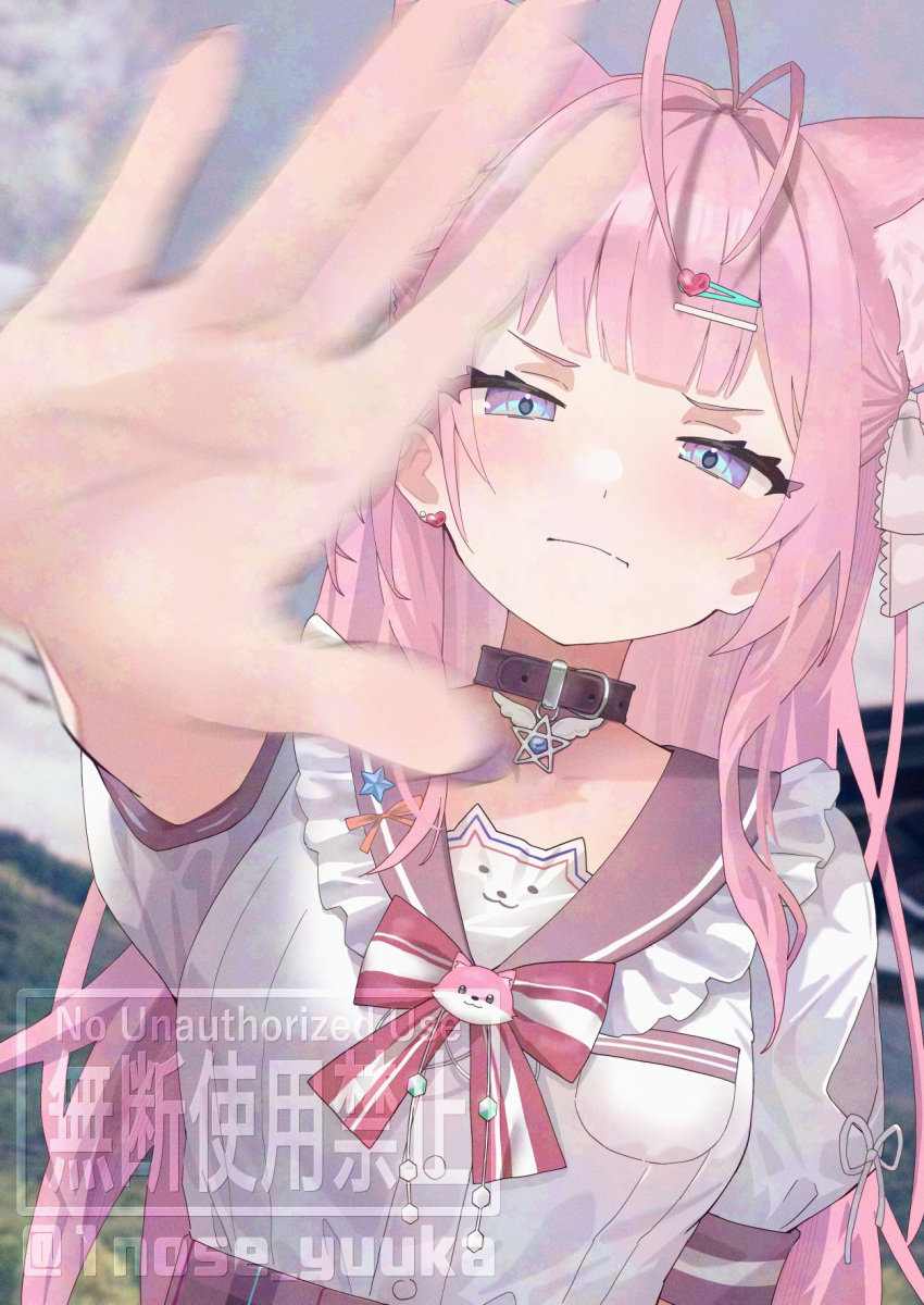 1girl, 1nose_yuuka, animal_ears, antenna_hair, belt_collar, blurry, blush, check_commentary