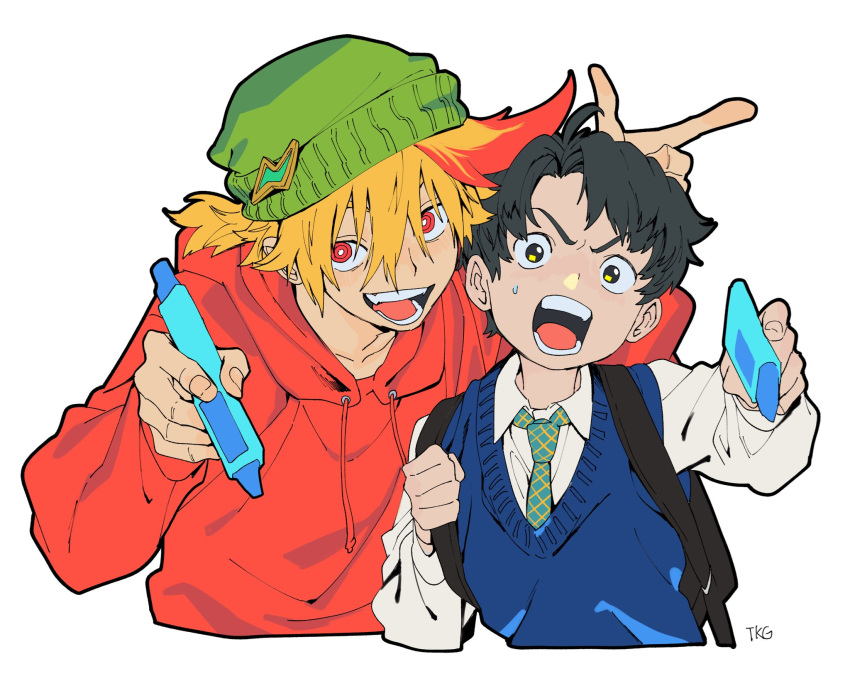 2boys, arm_up, backpack, bag, beanie, black_hair, blonde_hair, blue_sweater_vest