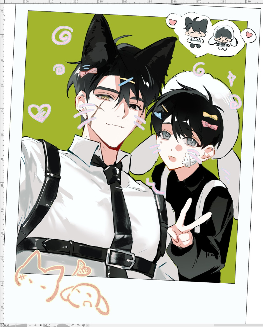 2boys, alternate_costume, animal_ear_hairband, animal_ears, animal_hat, apron, asaki_an, bandage_on_face