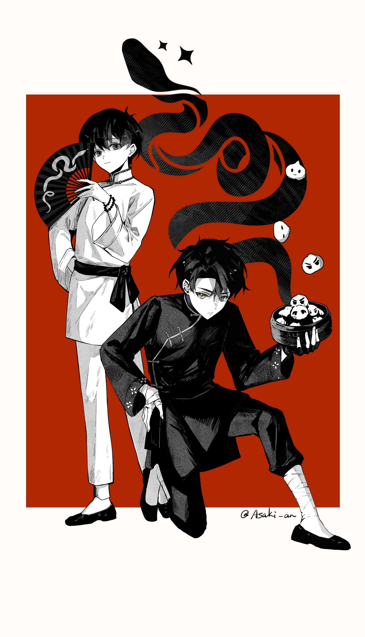 2boys, aged_down, asaki_an, black_eyes, black_hair, border, changpao, character-themed_food