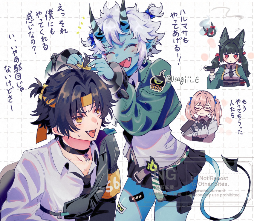1boy, 3girls, ^_^, animal_ears, aqua_jacket, asaba_harumasa, black_choker, black_hair