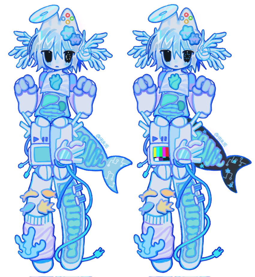 1other, adoptable, androgynous, animal_ears, cable, cable_tail, candy, cd, cd_halo, commentary, coral, cyber_fashion, english_commentary, fins, fish, fish_tail, food, frutiger_aero, halo, head_wings, highres, humanoid_robot, konpeitou, leg_warmers, mechanical_tail, multiple_views, original, other_focus, retrofuturism, robot, see-through_body, short_hair, simple_background, standing, tail, television, white_background, white_hair, wings, yukiecookii