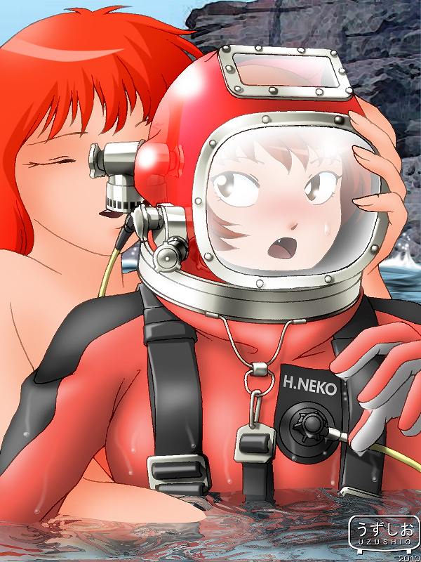 2girls, :o, blush, brown_eyes, closed_eyes, diving_helmet, diving_suit, eyes_closed, fang, gegege_no_kitarou, gloves, helmet, long_hair, multiple_girls, nekomusume, nervous, open_mouth, red_hair, redhead, scuba, short_hair, simple_background, strap, sweat, uzusio, water, you_gonna_get_raped