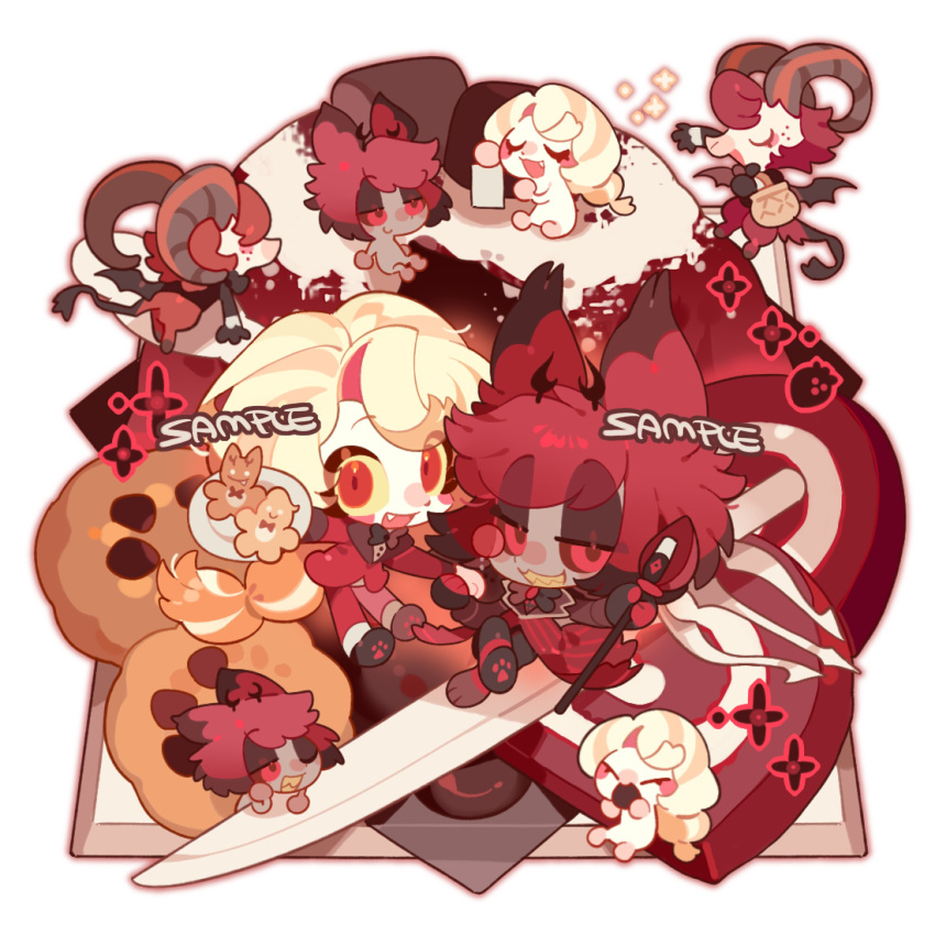 1girl, 3boys, alastor_(hazbin_hotel), animification, antlers, black_eyeshadow, blonde_hair, brothers