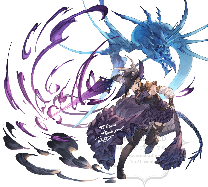 1girl, au_ra, ayacho, blonde_hair, blue_eyes, boots, commentary_request, commission