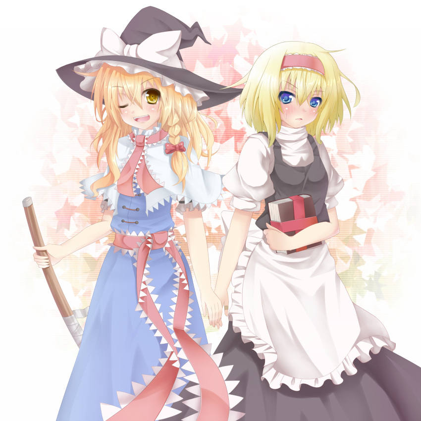 2girls, alice_margatroid, apron, blonde_hair, blue_eyes, book, braid, broom