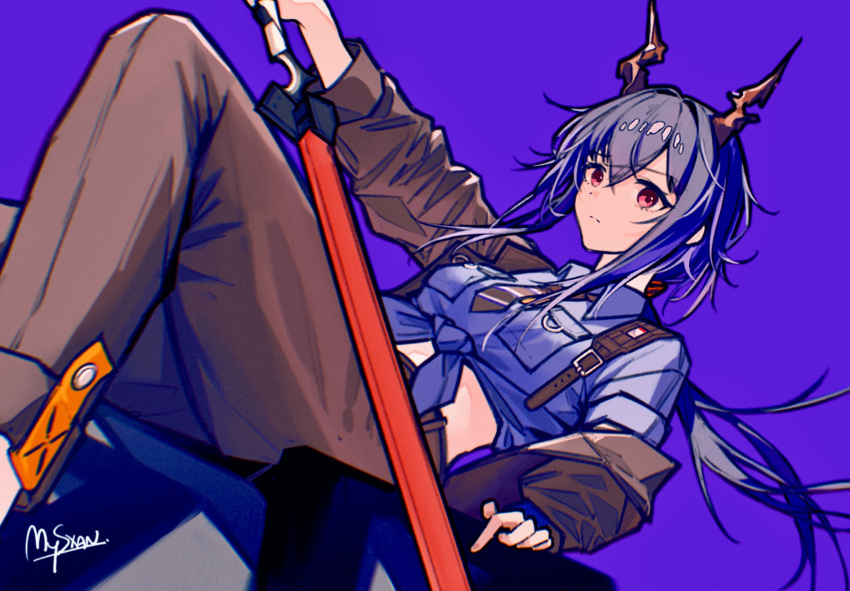 1girl, arknights, artist_name, black_jacket, black_pants, blue_hair, blue_shirt, breasts